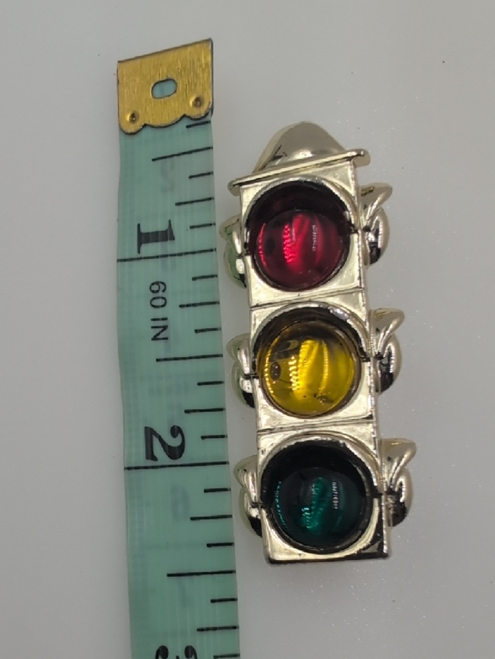 Vintage Gold Tone Novelty Traffic Light Brooch - Red Yellow Green Cabochon - Picture 7 of 8
